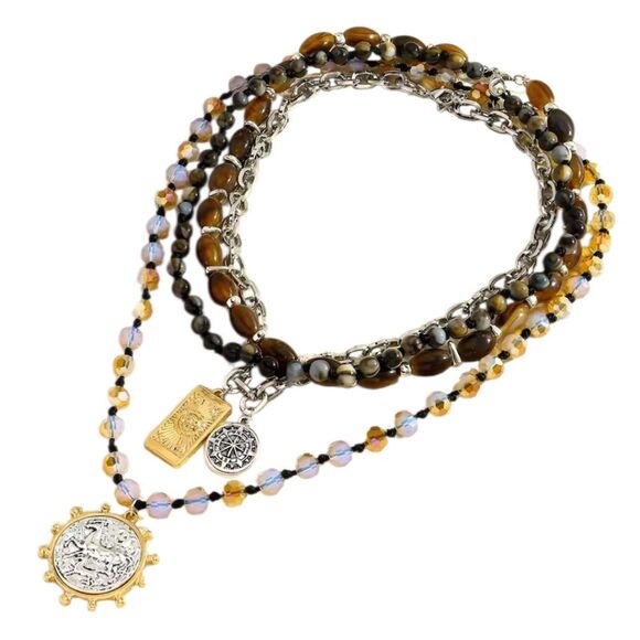 New Zara 4pc Layered Beaded Coin Necklace Set with Black, Brown, and Gold Tones - Picture 5 of 11
